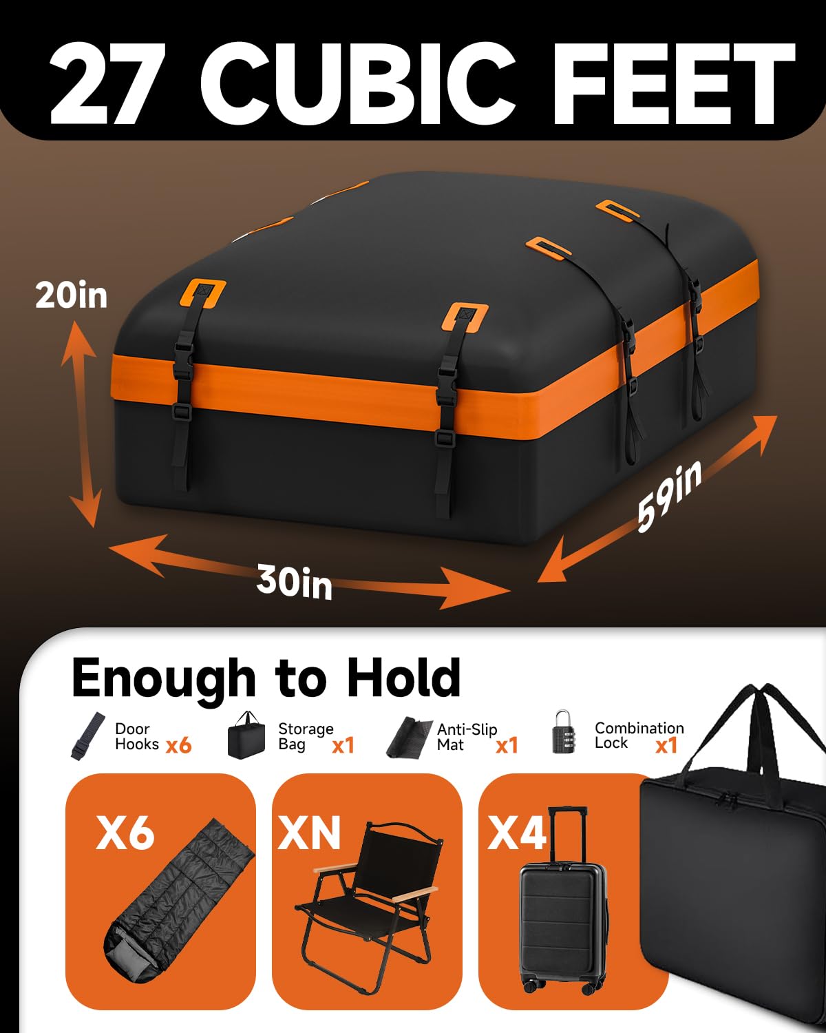 **27 Cubic Feet Car Rooftop Cargo Carrier Bag - Universal Soft-Shell Roof Luggage Storage for SUVs, Sedans & Trucks (With/Without Racks) | Includes 2 Reinforced Straps, 6 Door Hooks, Anti-Slip Mat & Lock | Perfect for Road Trips, Camping & Extra Storage**