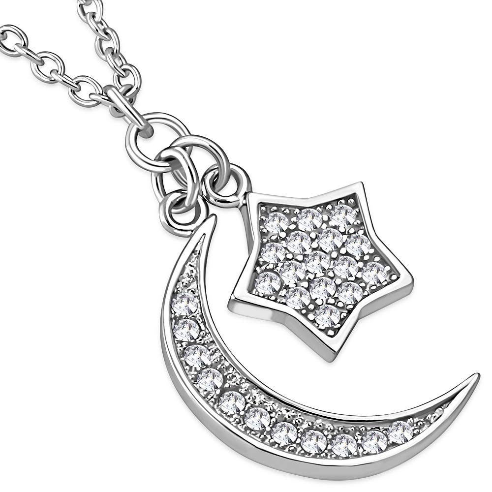 925 Sterling Silver White Clear CZ Half-Moon Star Pendant Necklace for Women - Elegant Celestial Jewelry Gift for Birthday, Anniversary & Special Occasions