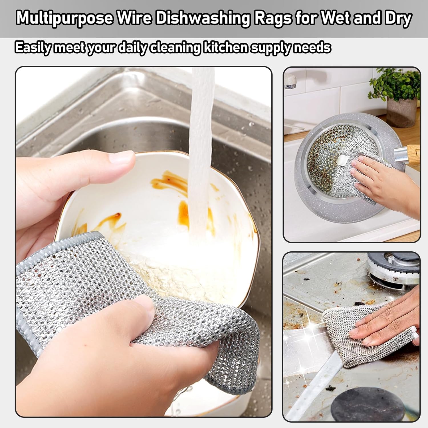 Premium Non-Scratch Wire Dish Cloths - 3 Pack Multipurpose Kitchen Cleaning Rags for Wet & Dry Use | Gentle on Dishes, Countertops, Sinks | Ideal for Washing, Scrubbing & Polishing