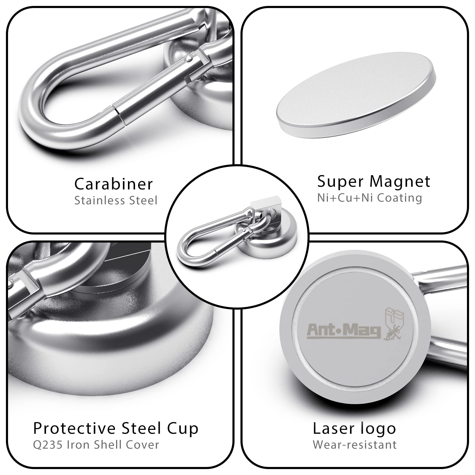Ant Mag Carabiner Magnetic Hooks - 50LBS Heavy Duty Neodymium Magnet with Swivel Snap Hook for Hanging - Indoor/Outdoor Use in Kitchen, Grill, Warehouse & Office | Perfect for Organizing Tools, Hanging Plants, Camping Gear & Home Storage