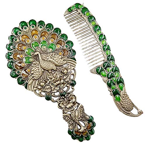 Vintage Small Mirror with Handle & Comb Set - Peacock Design, Perfect Birthday Gift for Women, Travel & Home Decor Accessory