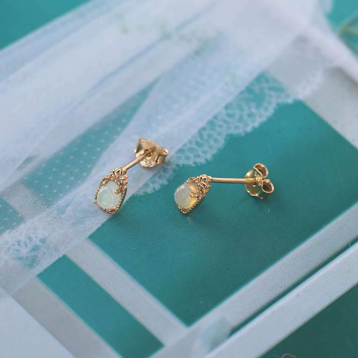 14K Gold Natural Opal Baguette Stud Earrings for Women | HJZB 426 | Elegant Everyday Jewelry & Special Occasion Gift