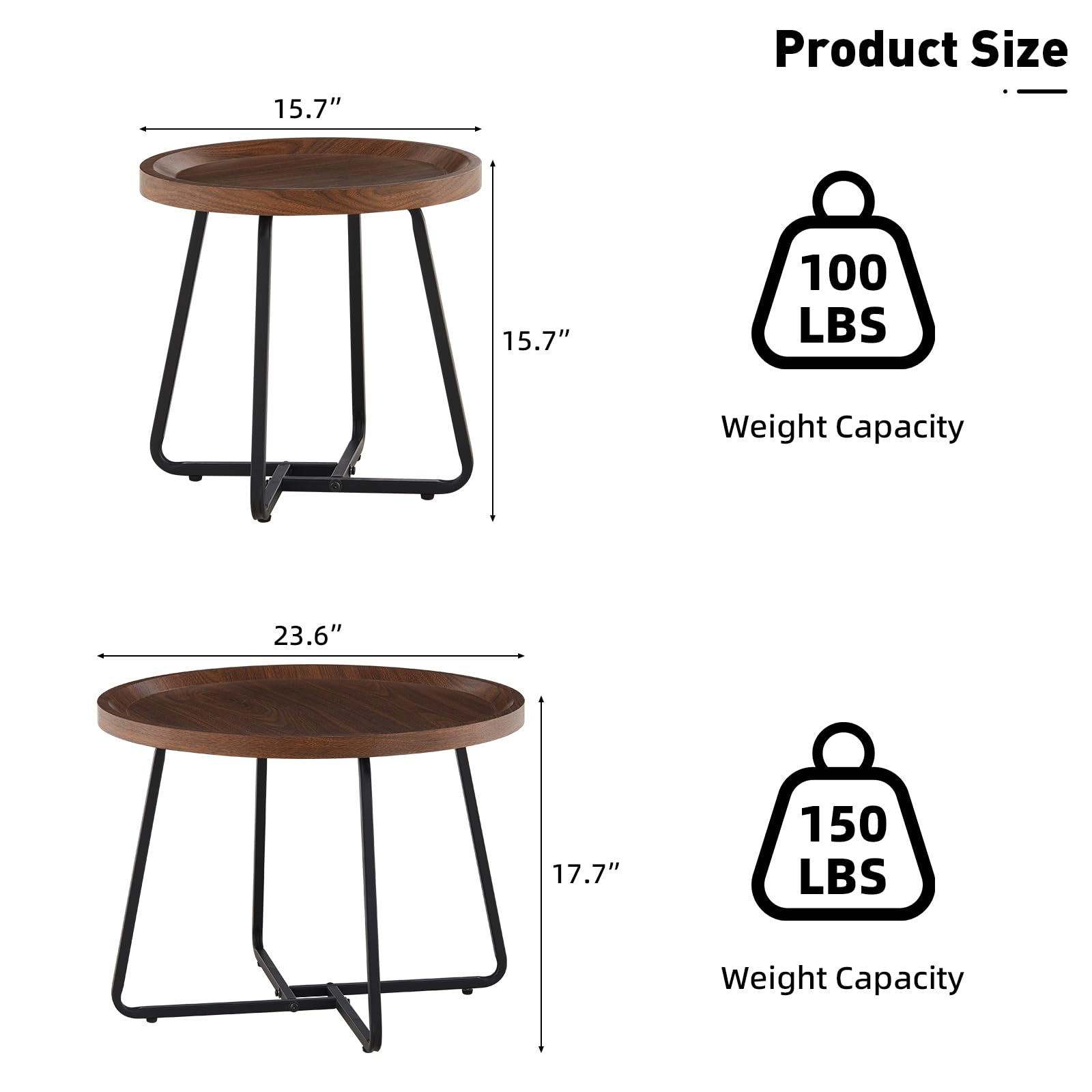 TUKAILAi 2-Piece Round Nesting Coffee Table Set - Walnut Finish with Metal Legs & Adjustable Foot Pads, Circular End Tables with Raised Edge Design for Living Room, Bedroom, Lounge - Perfect for Small Spaces & Modern Home Decor (Brown)