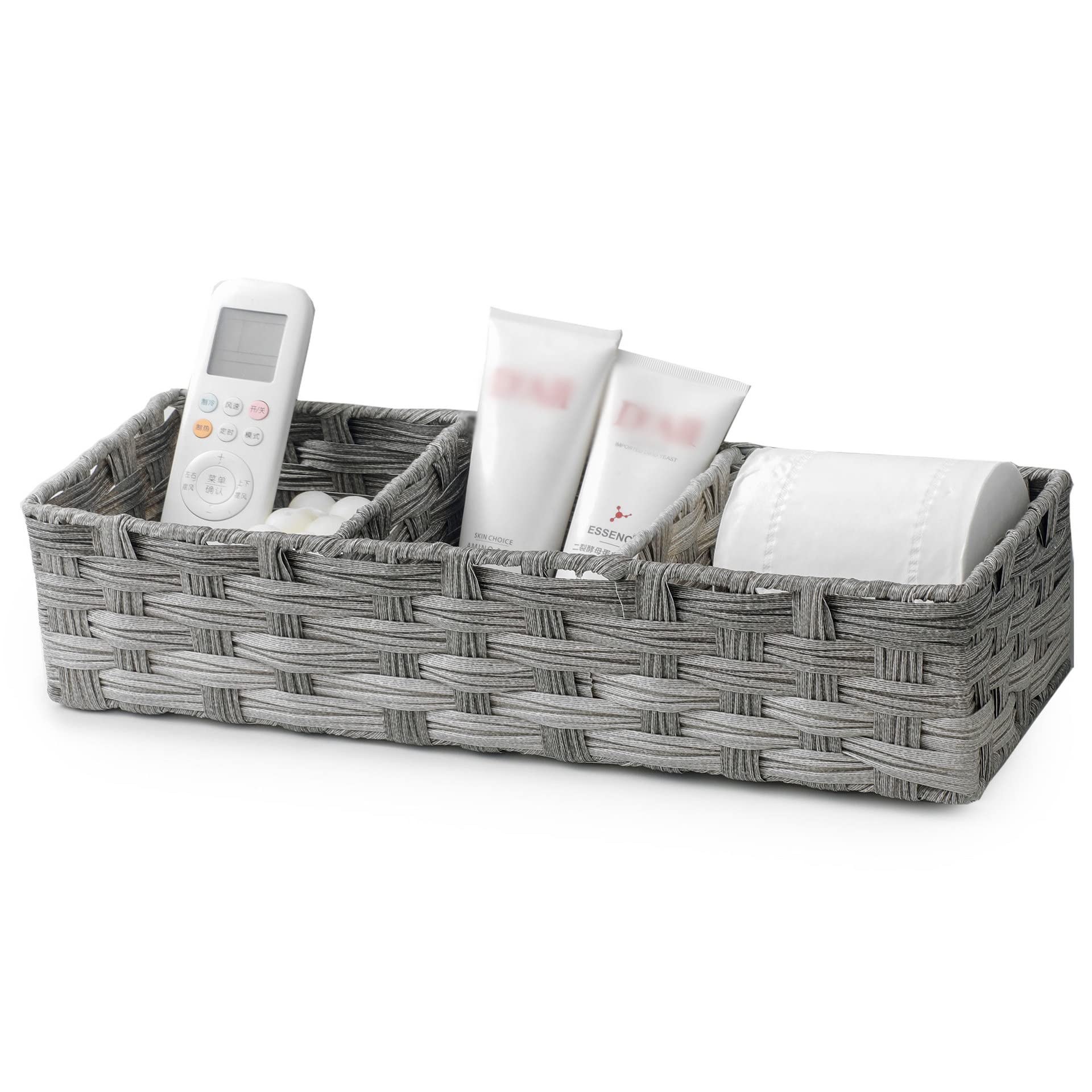 Multi-Purpose Hand Woven Plastic Wicker Basket - Toilet Tank Organizer with Divider for Bathroom Storage | Rustic Farmhouse Decor for Shelves & Countertops | Perfect for Bathroom Organization, Paper Storage & Home Decor