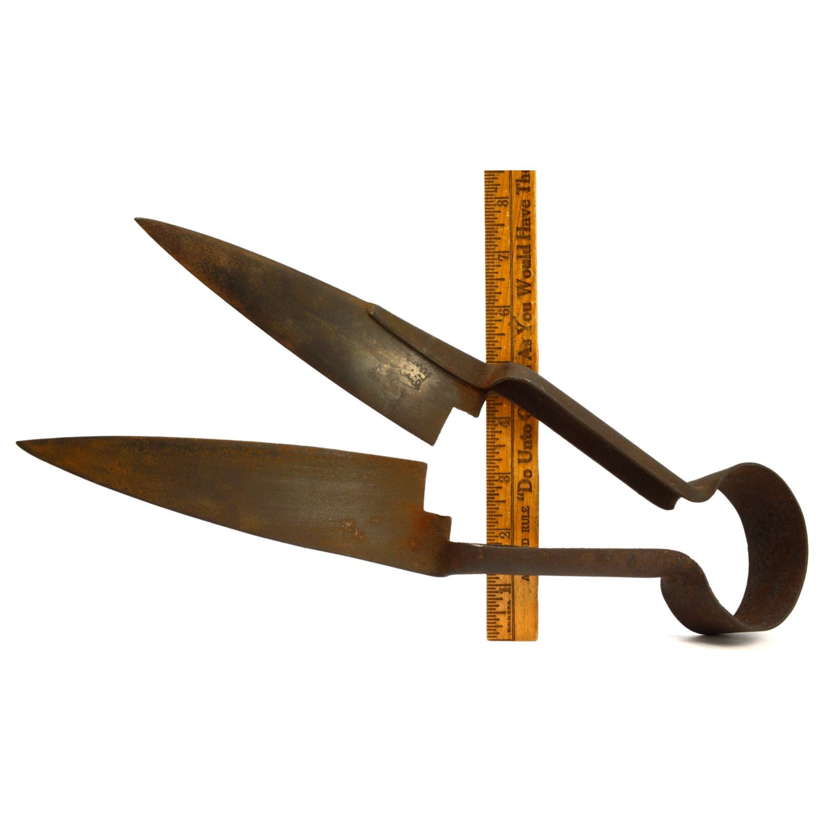 Vintage Antique Iron Sheep Shears with Partial Crown Logo - Primitive 19th Century Tool for Farm, Ranch & Wool Shearing | Collectible Rustic Decor for Country Home or Barn Display