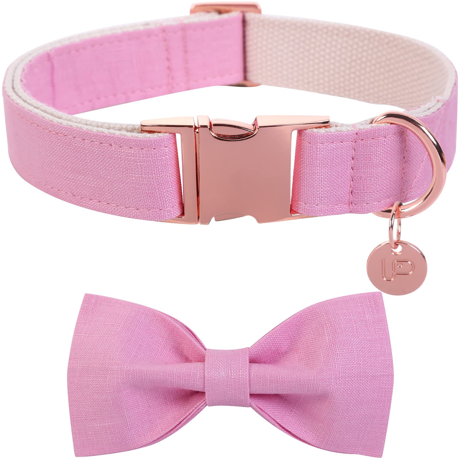 UP URARA PUP Pink Dog Collar with Bow Tie - Soft Cotton Adjustable Pet Collar with Metal Buckle for Small Dogs (Neck 10-16in) - Perfect for Puppies, Birthday Parties & Daily Walks