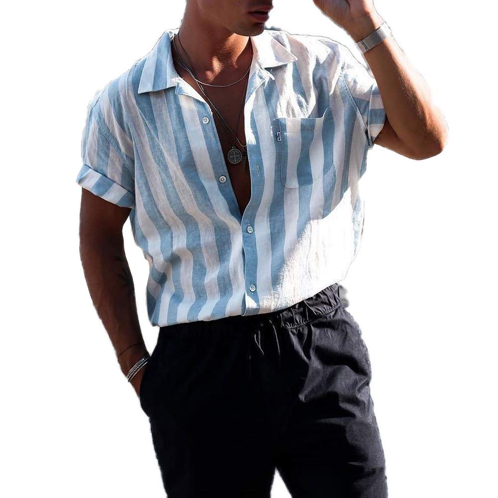 Men's Slim Fit Short Sleeve Button Down Shirt - Casual Vertical Striped Hawaiian Shirt with Color Block Design | Perfect for Beach Vacation, Summer Outings & Tropical Parties