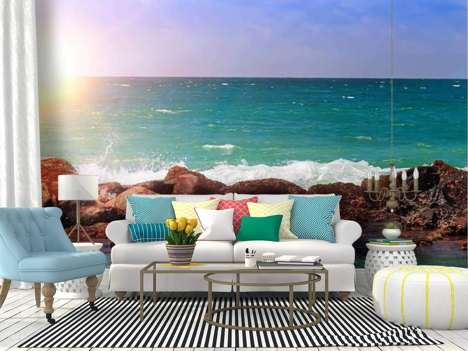 RECETHROWS Peel and Stick Wallpaper - Tropical Rocky Beach Landscape Self-Adhesive Wall Mural, Large Removable Vinyl Film for Home Decor, Shelf Paper | Perfect for Living Room, Bedroom, Nursery & Office Walls