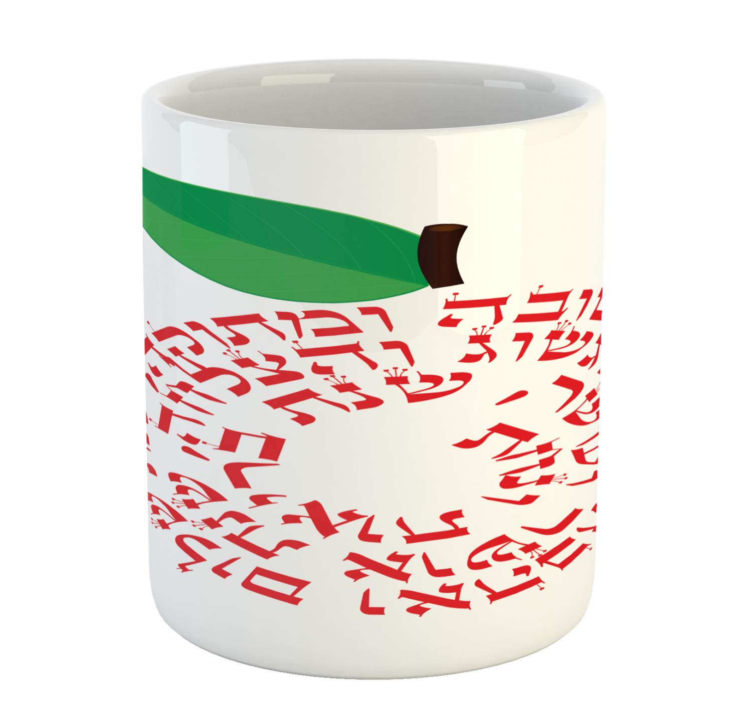 Ambesonne Hebrew Coffee Mug - Shana Tova Apple Design Ceramic Cup for Tea & Drinks, Vermilion Green Dark Brown White - Perfect for Jewish Holidays, Housewarming Gifts & Coffee Lovers