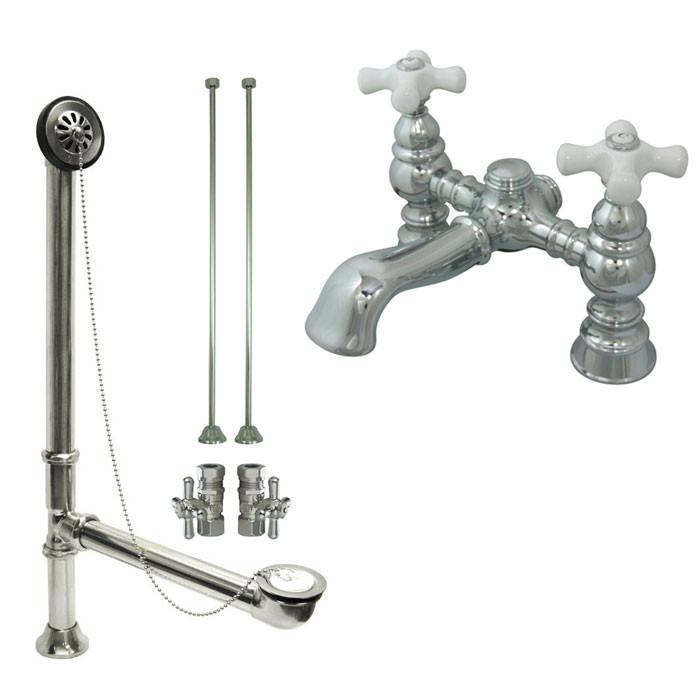 Chrome Deck Mount Clawfoot Bathtub Faucet Set with Drain Supplies & Stops - CC1136T1 System - Perfect for Vintage & Modern Bathroom Renovations