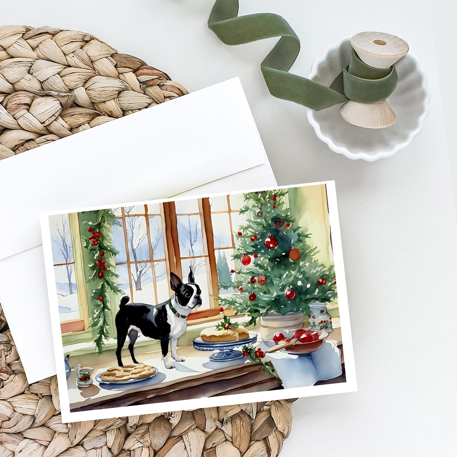 Boston Terrier Christmas Cookies Greeting Cards - Pack of 8 Blank A7 Note Cards (5x7 Inches) with Envelopes - Whimsical Holiday Stationery for Pet Lovers, Christmas Gifts & Festive Correspondence
