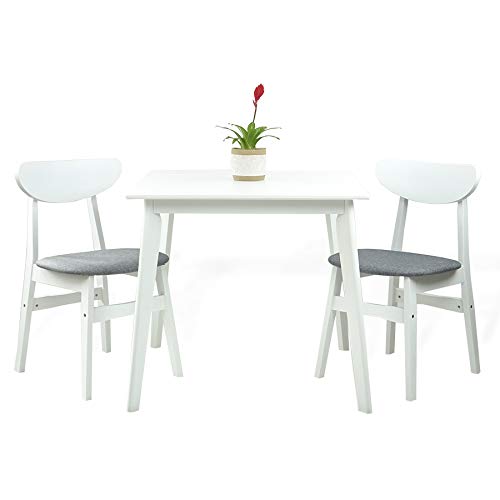 Modern Solid Wood Dining Set - 2 Yumiko Chairs with Padded Seats & Square Table in White with Light Gray Cushions | Kitchen & Breakfast Nook Furniture for Small Spaces