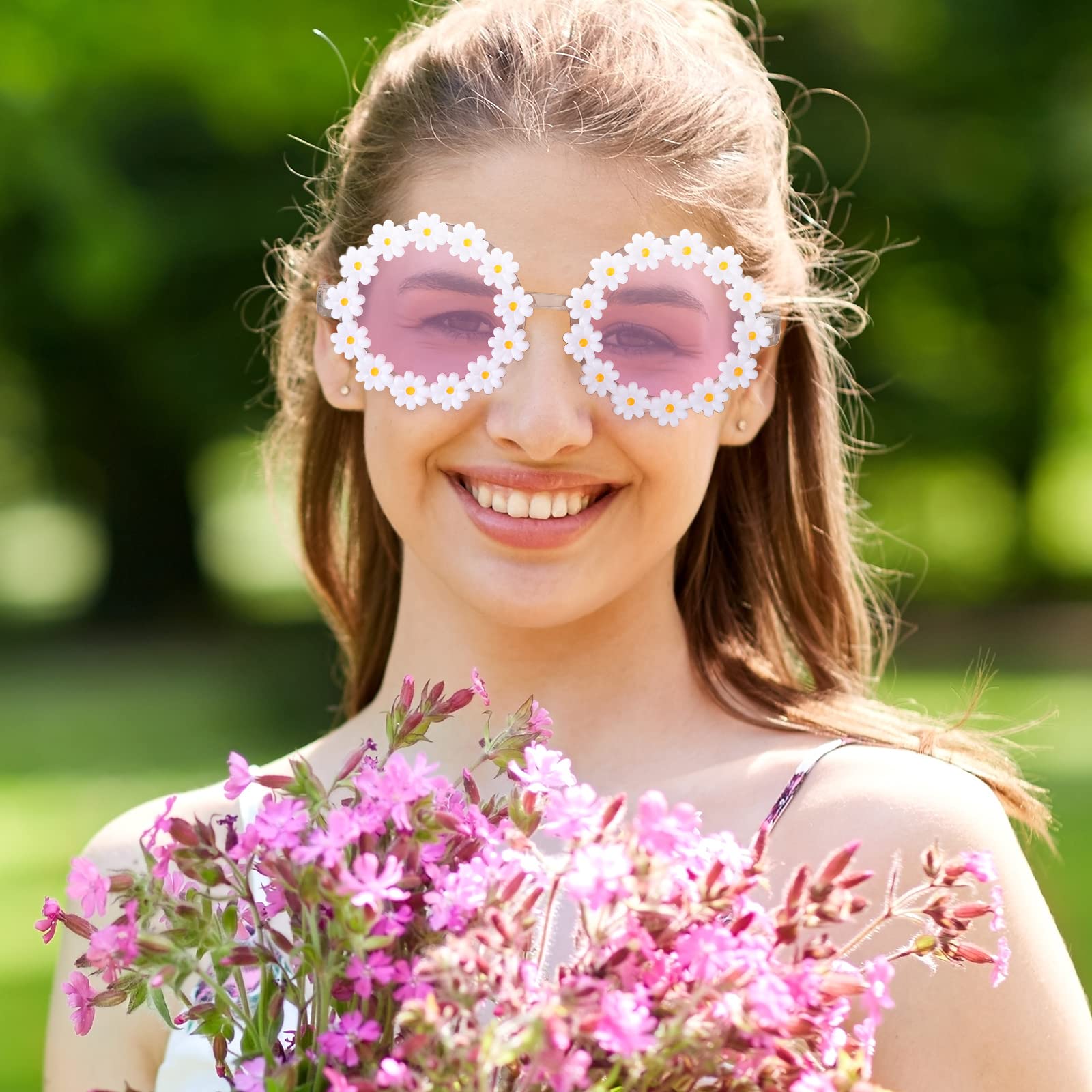 2 Pairs Daisy Flower Sunglasses for Women & Kids - Round Retro Flower Frame UV Protection Sunglasses with Flannel Bag - Perfect for Beach, Summer Outfits & Fashion Accessories