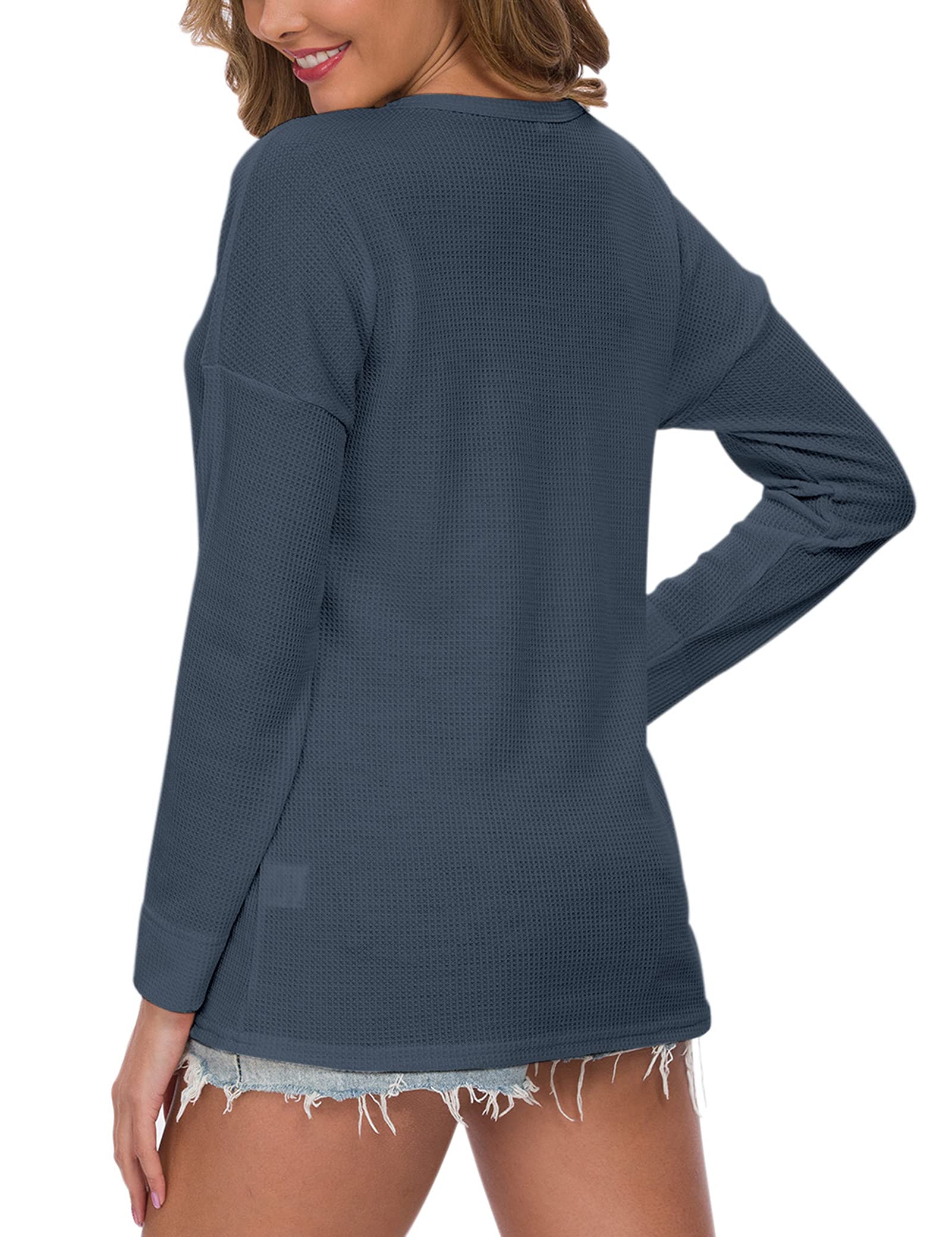 WNEEDU Women's Waffle Knit Tunic Top - Loose Fit Long Sleeve Button Up V-Neck Henley Shirt for Casual Wear, Office & Fall Layering