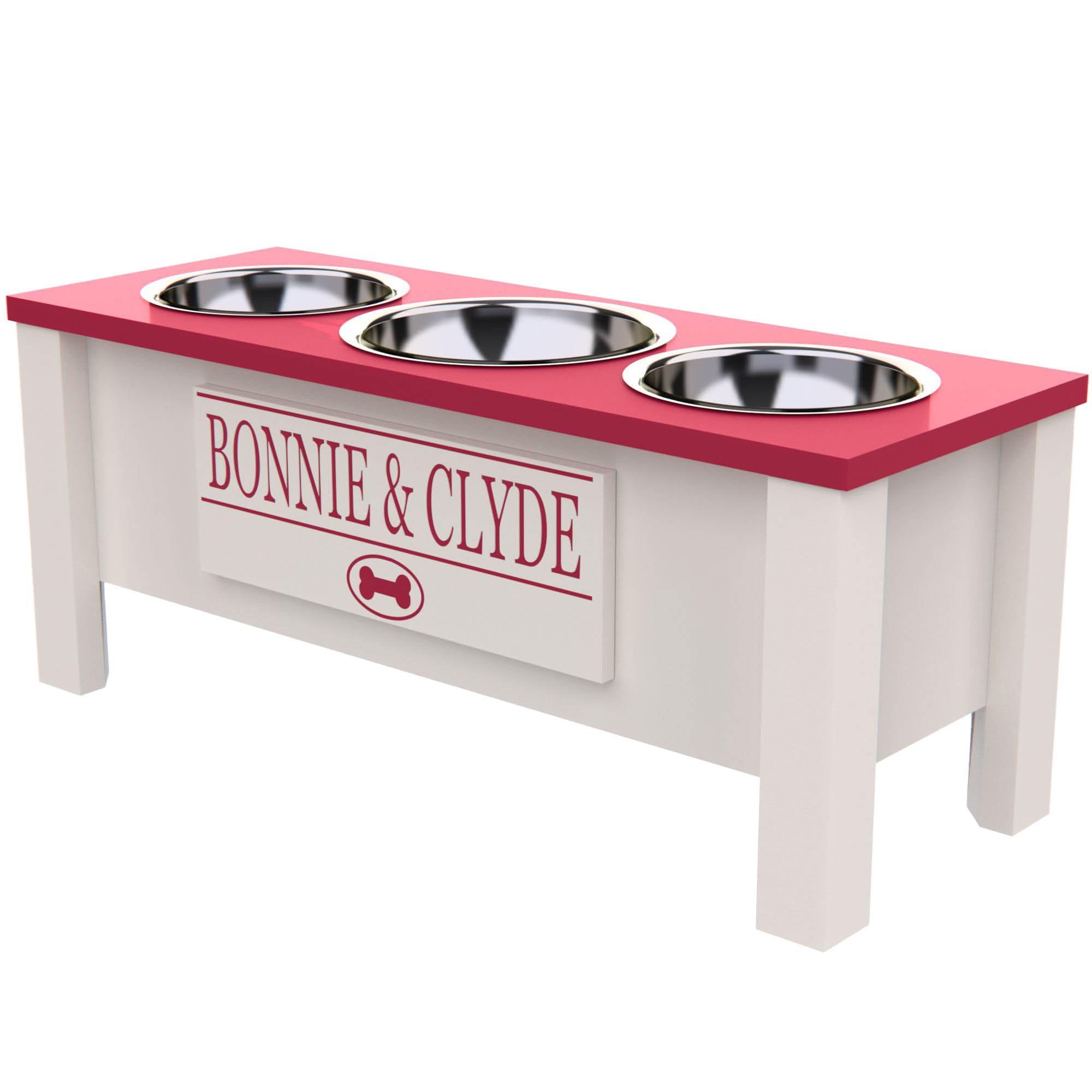 Elevated Triple Dog Bowl Stand with Storage - Adjustable Height for Large, Medium, Small & X-Small Dogs - 3 Stainless Steel Pet Food & Water Bowls - Pink Raised Feeder for Kitchen, Dining Room or Outdoor Use