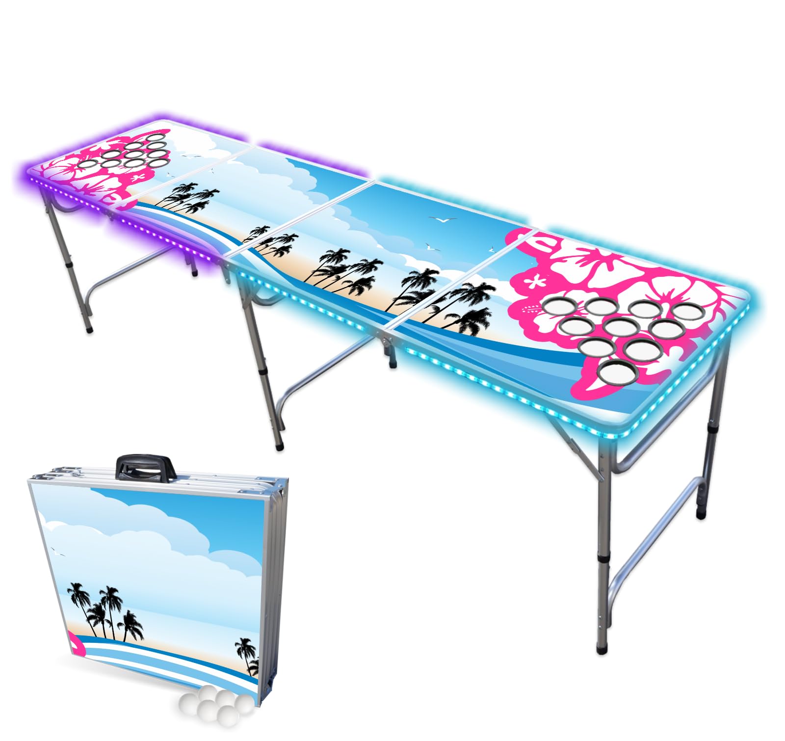 PARTYPONG 8-Foot Folding Beer Pong Table with Cup Holes & LED Lights - Hibiscus Edition | Portable Party Game Table for Outdoor, Backyard, College Parties & Tailgating