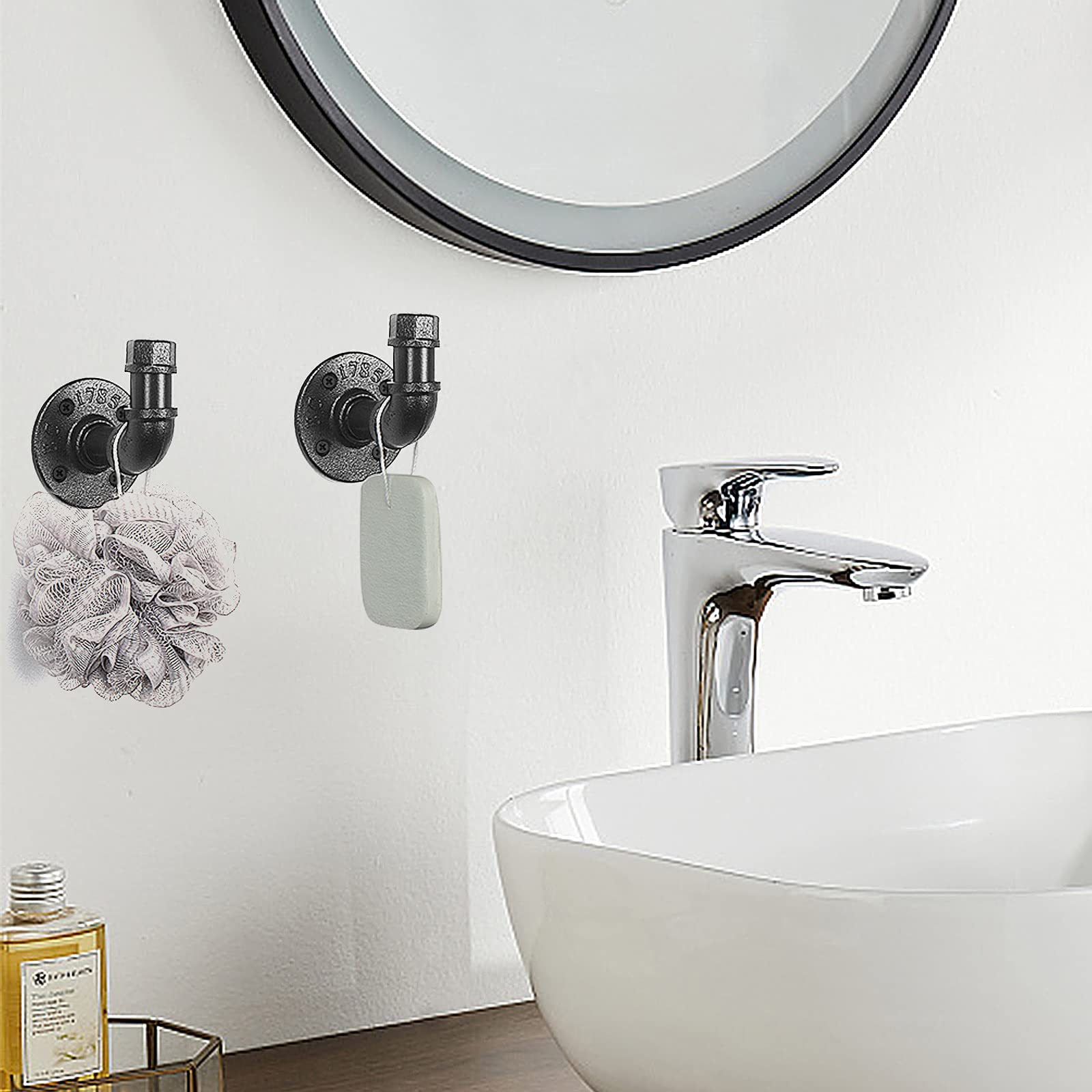 Industrial Iron Pipe Towel Rack Set - 5 Piece Bathroom Accessories Kit with Wall-Mounted Towel Bar, Toilet Paper Holder & 3 Robe Hooks (Black, 18 Inch) - Perfect for Modern Farmhouse, Loft & Industrial Style Bathrooms