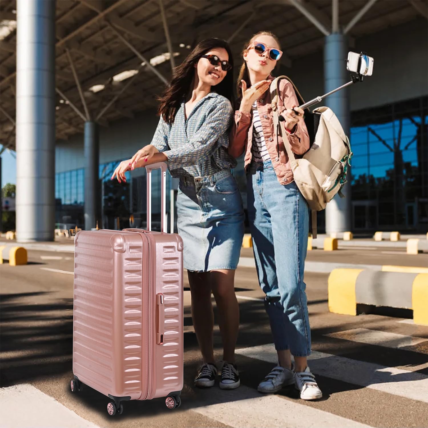 3 Piece Lightweight Hardside Luggage Set - 20/24/28 Inch Expandable PC+ABS Suitcases with 360° Spinner Wheels for Business & Travel (Rose Gold Stripe) | Perfect for Air Travel, Business Trips & Family Vacations