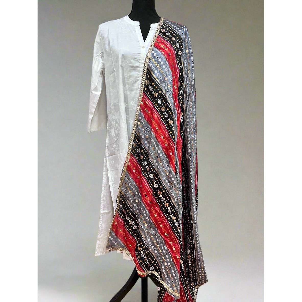Stylish Chinon Foil Print Dupatta with Mirror Work - Multicolor Elegant Scarf for Women | Perfect for Weddings, Parties & Festive Occasions