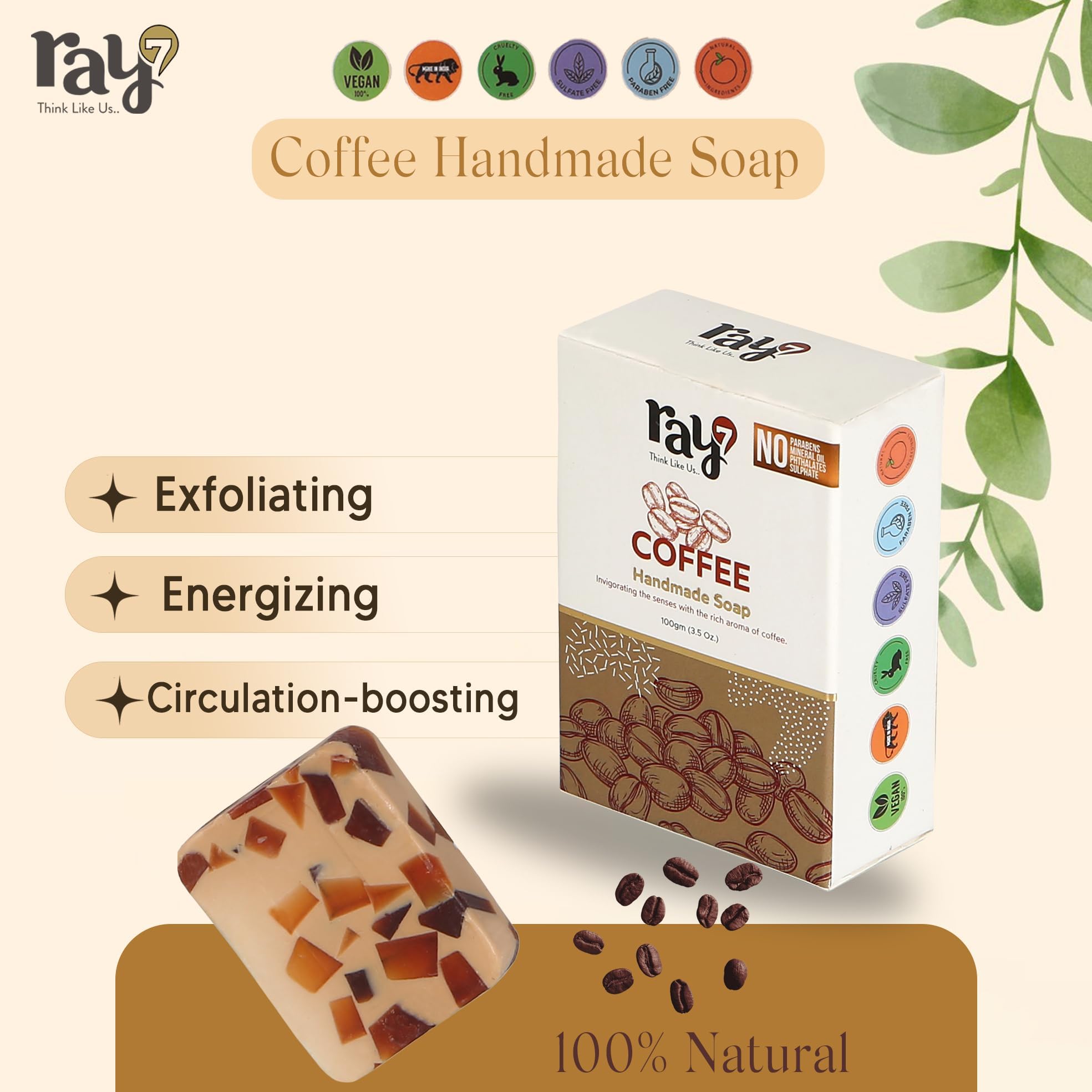 Ray7 Coffee Handmade Soap - Natural Skin Brightening & Exfoliating Bar | Sulphate-Free, Paraben-Free, Phthalate-Free & Cruelty-Free | 100g x 4 Pack | Perfect for Morning Routine & Spa Day at Home