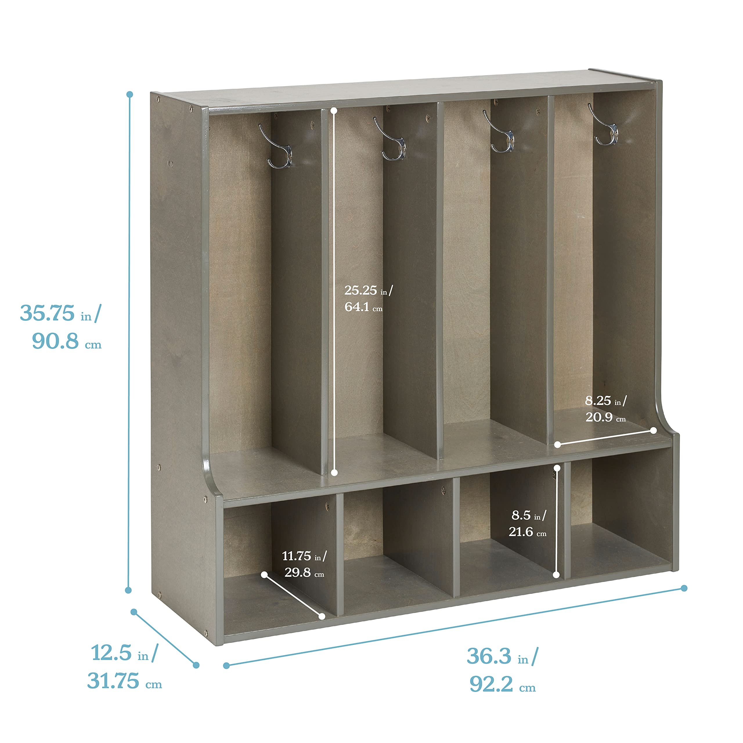 ECR4Kids Streamline 4-Section Coat Locker with Bench - Toddler Size Kids Furniture in Grey Wash - Perfect for Preschools, Daycares & Home Entryway Organization