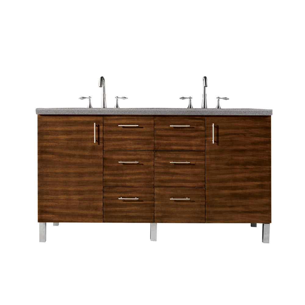 Metropolitan 60 Inch Double Vanity with 3CM Grey Expo Quartz Top - American Walnut Bathroom Vanity for Modern Master Bathrooms & Luxury Home Renovations