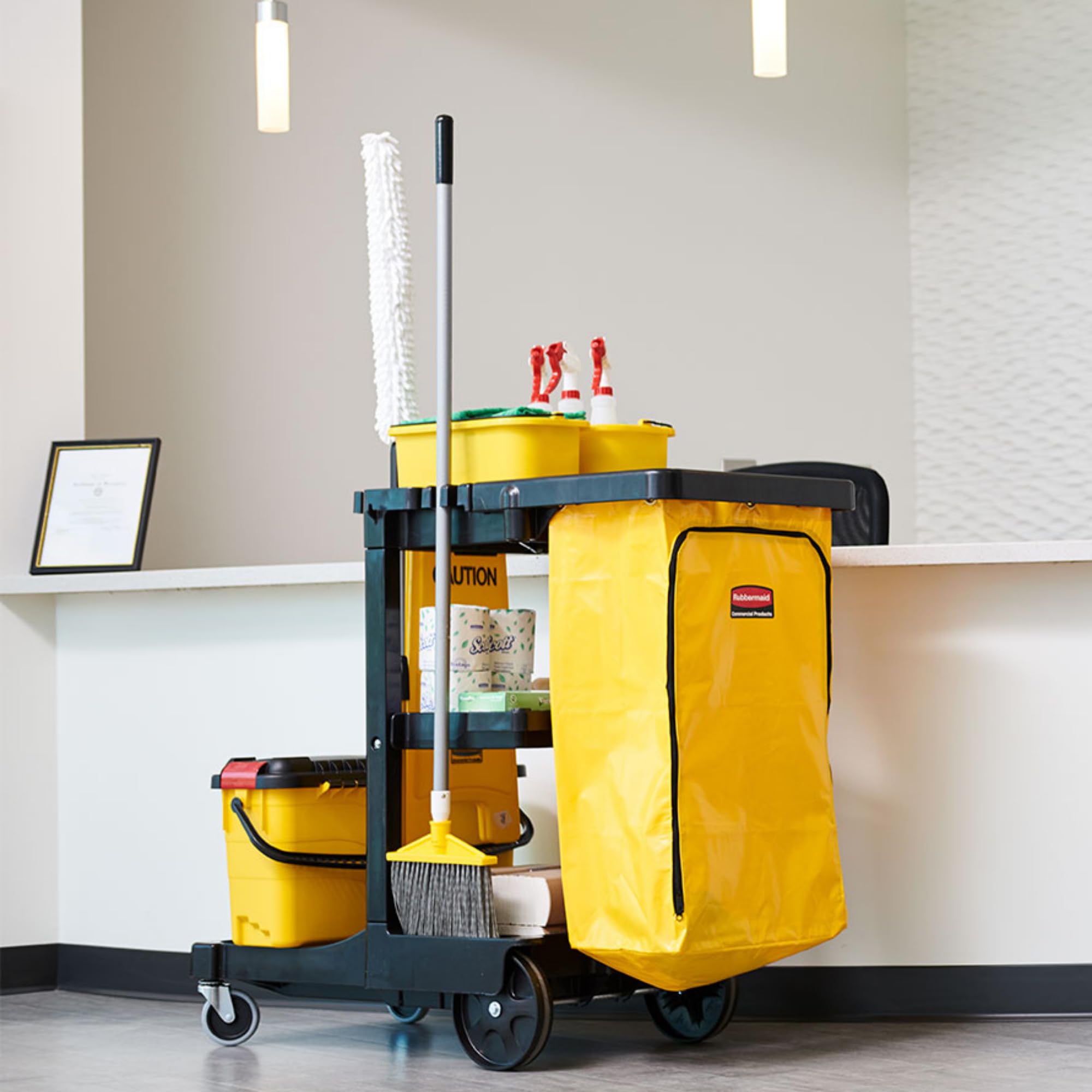 Rubbermaid Commercial 3-Shelf Cleaning Cart with Wheels & Zippered Yellow Vinyl Bag - Heavy Duty Janitorial Cart for Office, School, Business - Ideal for Mopping, Dusting & Organizing Cleaning Supplies