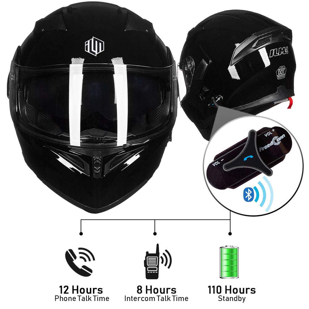 **ILM Bluetooth Motorcycle Helmet - Modular Flip-Up Full Face Helmet with Dual Visor, MP3, Intercom & FM Radio - DOT Certified Model 902BT (Gloss Black, XL) - Perfect for Commuting, Touring & Long Rides**