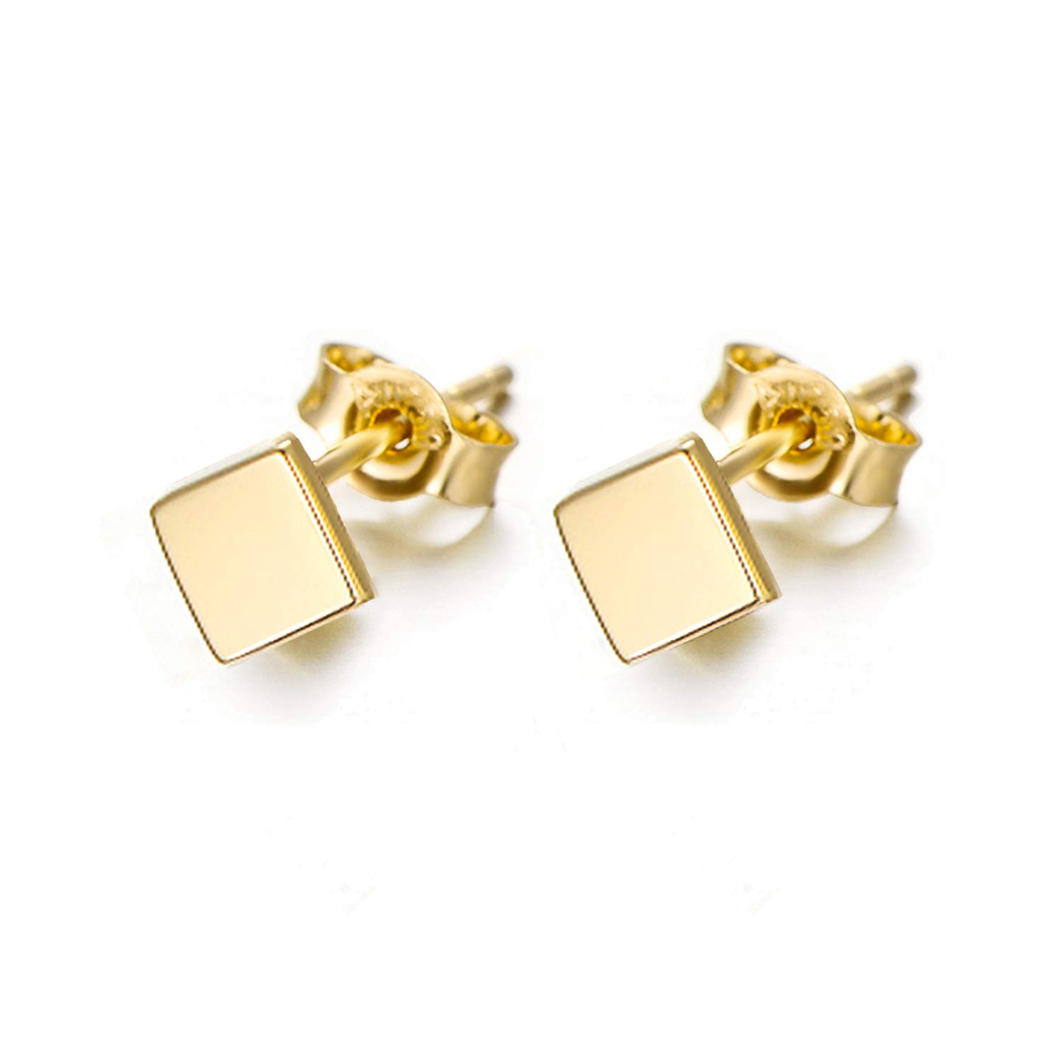 18K Gold Square Earrings for Women - Real Gold Geometric Second Hole Stud Earrings - Minimalist Post Earrings - 5MM Small Gold Hoops - Perfect for Everyday Wear, Gift Giving & Special Occasions
