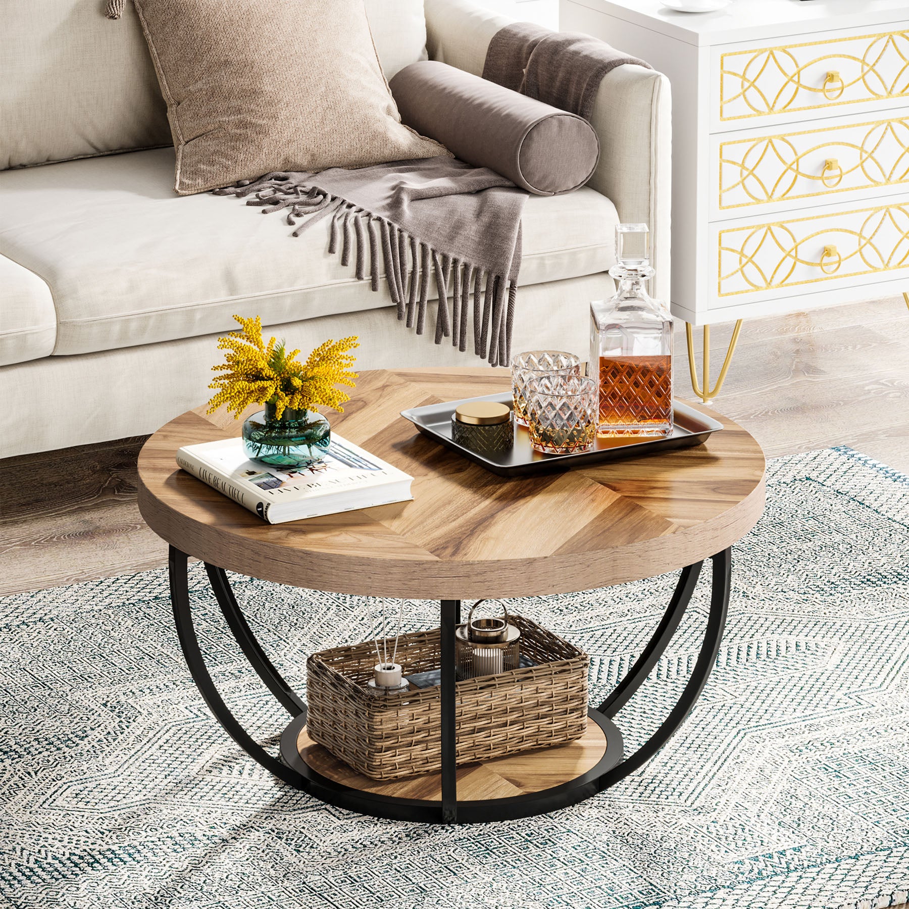 2-Tier Round Wooden Coffee Table with Storage Shelf - Modern Living Room Centerpiece for Home Decor & Entertaining