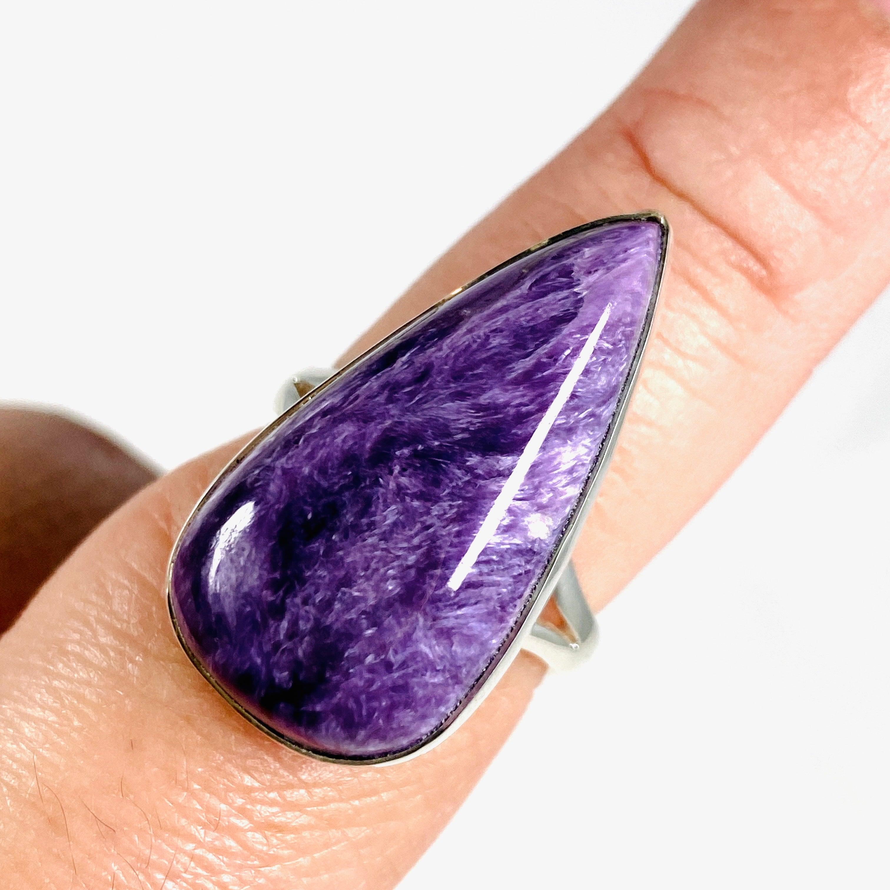 Charoite Teardrop Ring Size 9 - Natural Purple Gemstone Silver Jewelry for Women - Perfect for Gifts, Weddings & Special Occasions