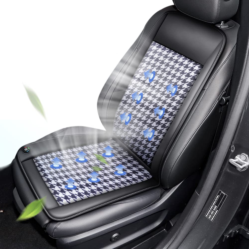 Cooling Car Seat Cushion with 10 Fans & 3-Temperature Settings - 12V Fast Cooling System Cools in 15 Seconds - Breathable Houndstooth Fabric Seat Cover for Summer Driving - Perfect for Road Trips, Commuting & Hot Weather Comfort