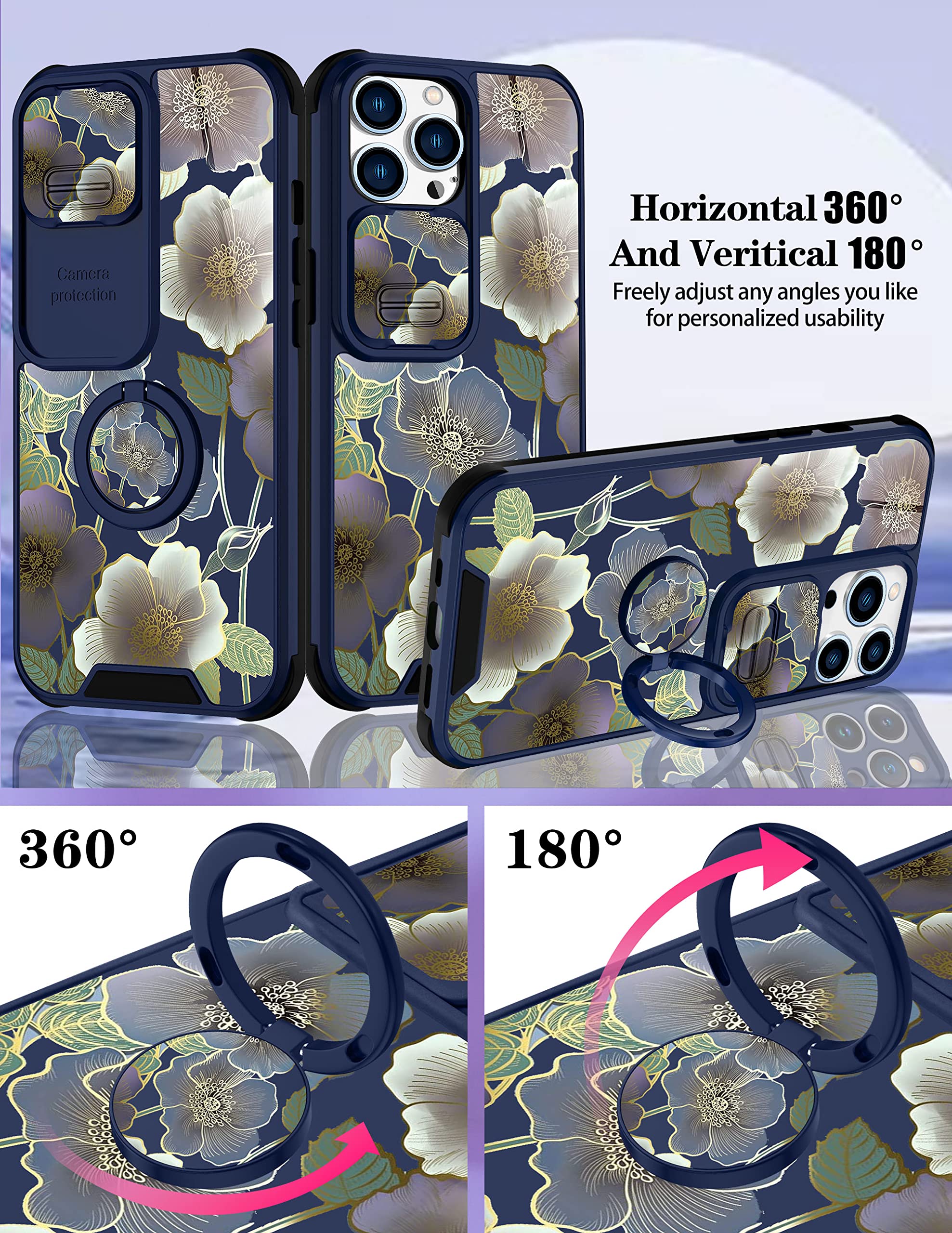 Goocrux 2in1 iPhone 13 Pro Case with Slide Camera Cover & Ring Holder - Floral Flower Design for Women, Girls | Cute Girly Phone Cover | Fashion Pattern Unique Protection for iPhone 13 Pro 6.1