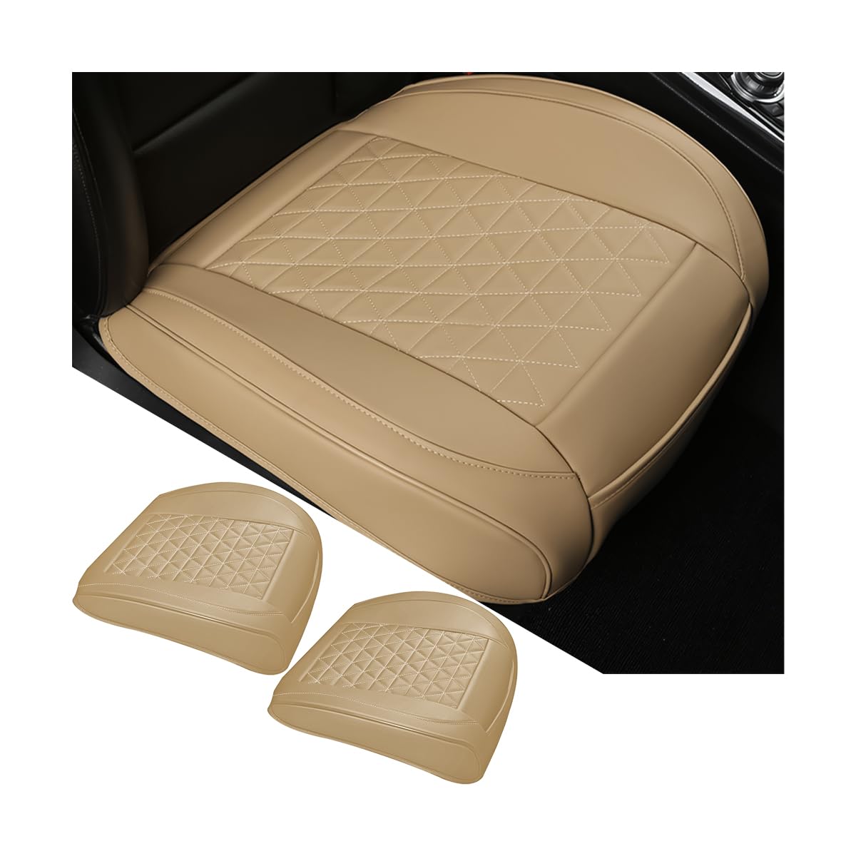 2PCS Premium Leather Car Seat Covers - Universal Waterproof Front Seat Protector Pads with Storage Pockets for SUV, Truck, Sedan (Beige) | Durable Auto Seat Cushions for Comfort & Protection During Commutes, Road Trips & Daily Driving