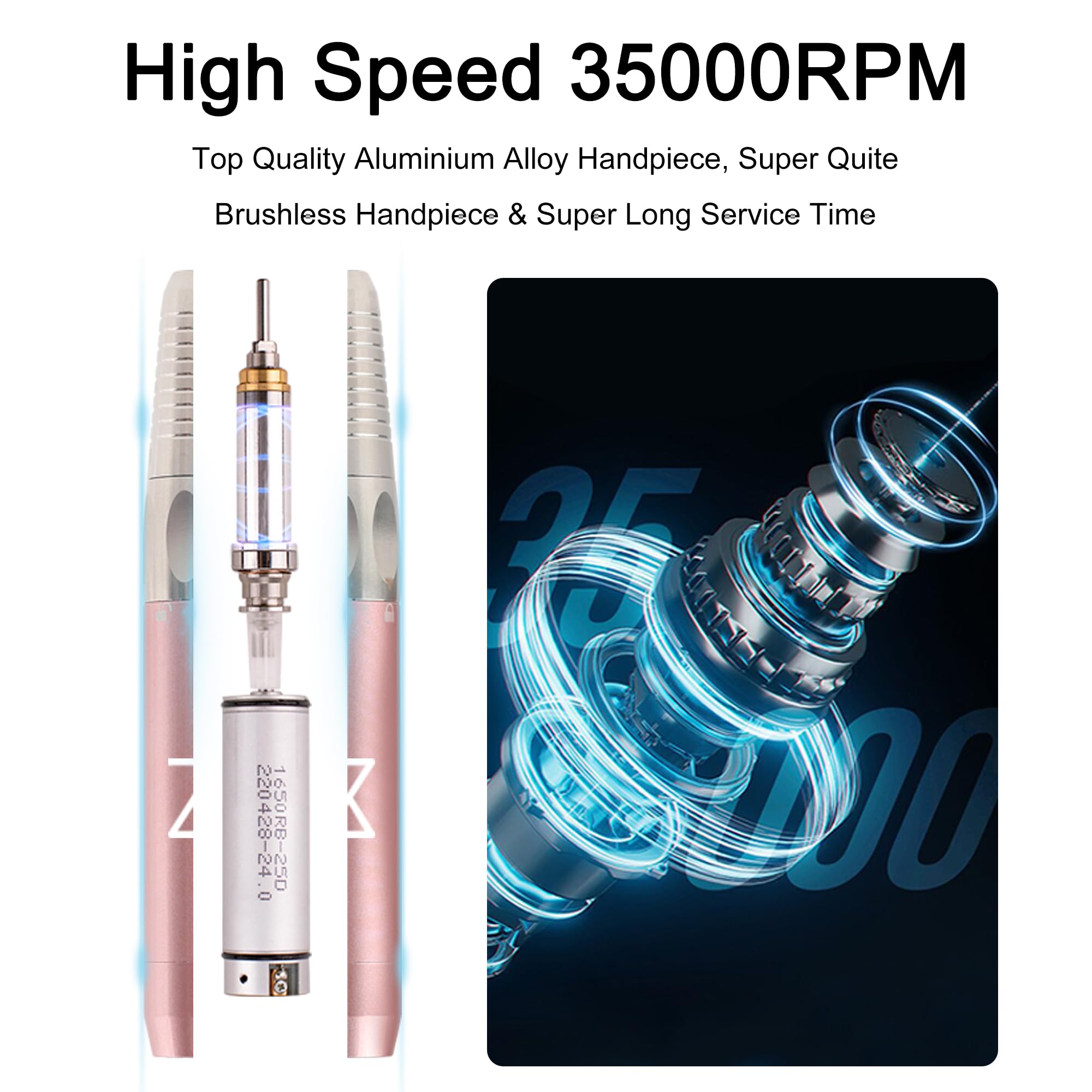 Professional Nail Drill Machine - 2-in-1 Brushless Motor, 35000 RPM, Cordless Electric Nail File with HD Display & Aluminum Alloy Casing - Perfect for Salon, Home Manicure & Pedicure (Rose Gold)