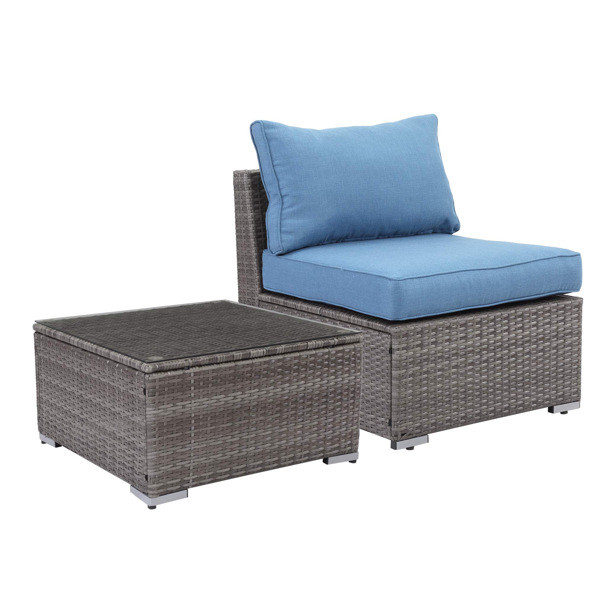 Wisteria Lane 2-Piece Outdoor Patio Furniture Set with Armless Sofa, Tempered Glass Table & Cushions - Blue Garden Conversation Set for Backyard, Deck or Poolside Relaxation