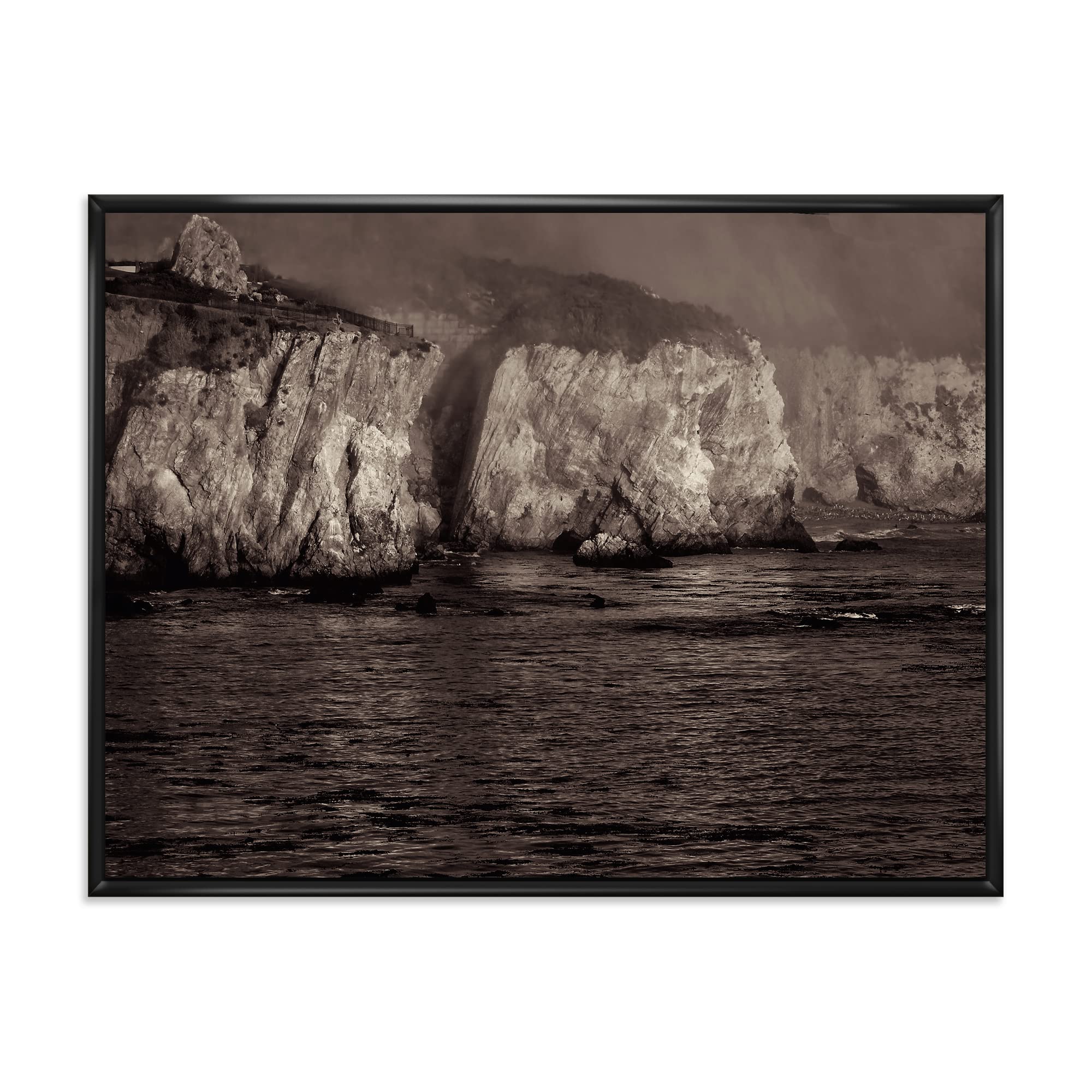 Gold Cliffs In The Fog - Modern Framed Canvas Wall Art Print - Nature Landscape Painting for Living Room, Bedroom & Office Decor