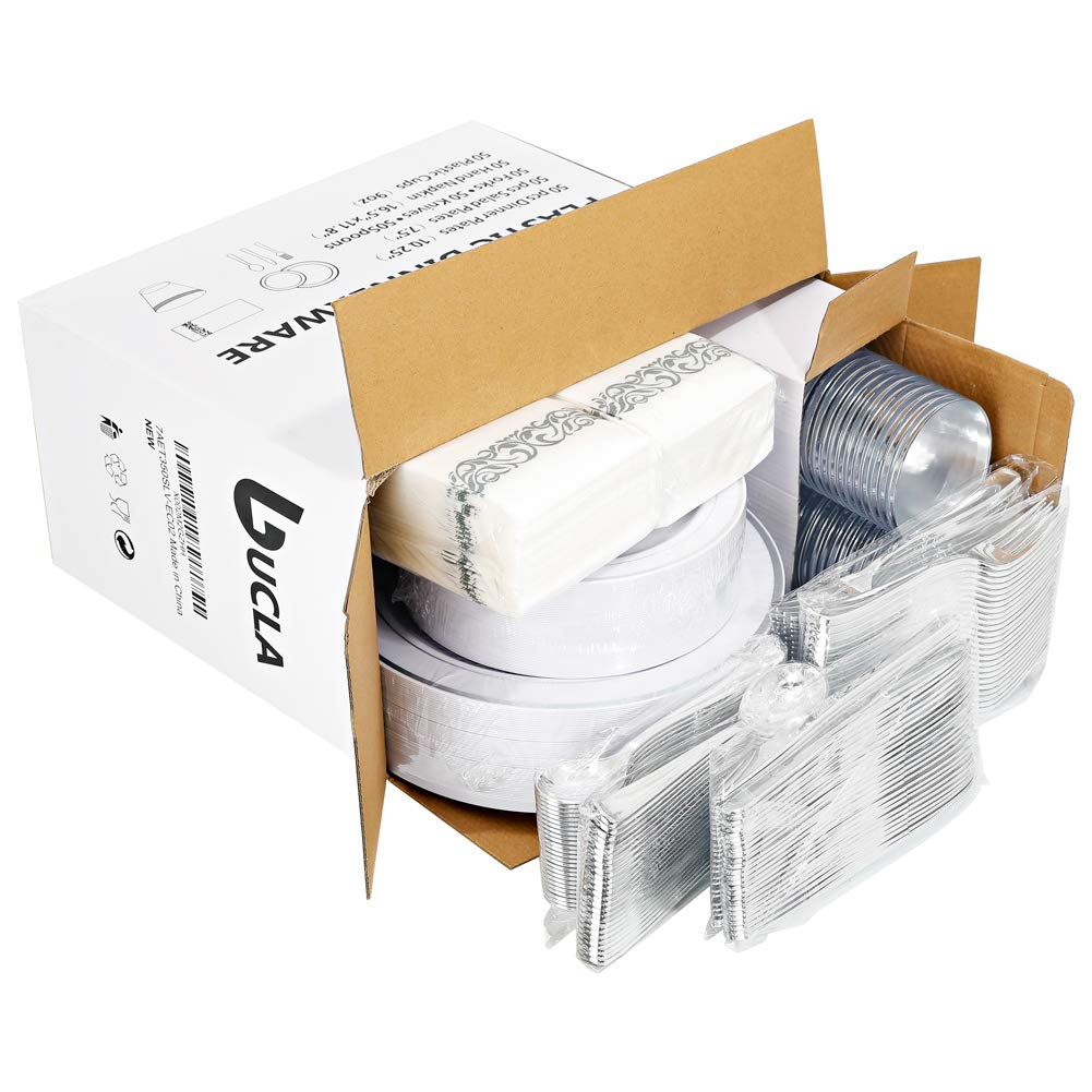 350PCS Silver Plastic Dinnerware Set for 50 Guests - Disposable Silver Plates, Forks, Knives, Spoons, Cups & Napkins for Party, Wedding, Christmas & Events | Elegant & Convenient Tableware Solution