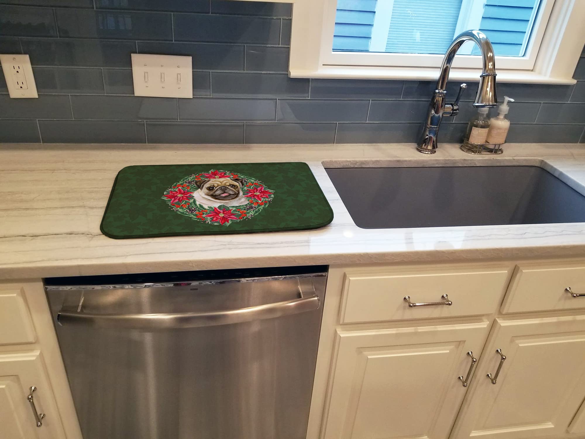 Pug Poinsettia Wreath Dish Drying Mat - Absorbent Kitchen Counter Mat (14x21