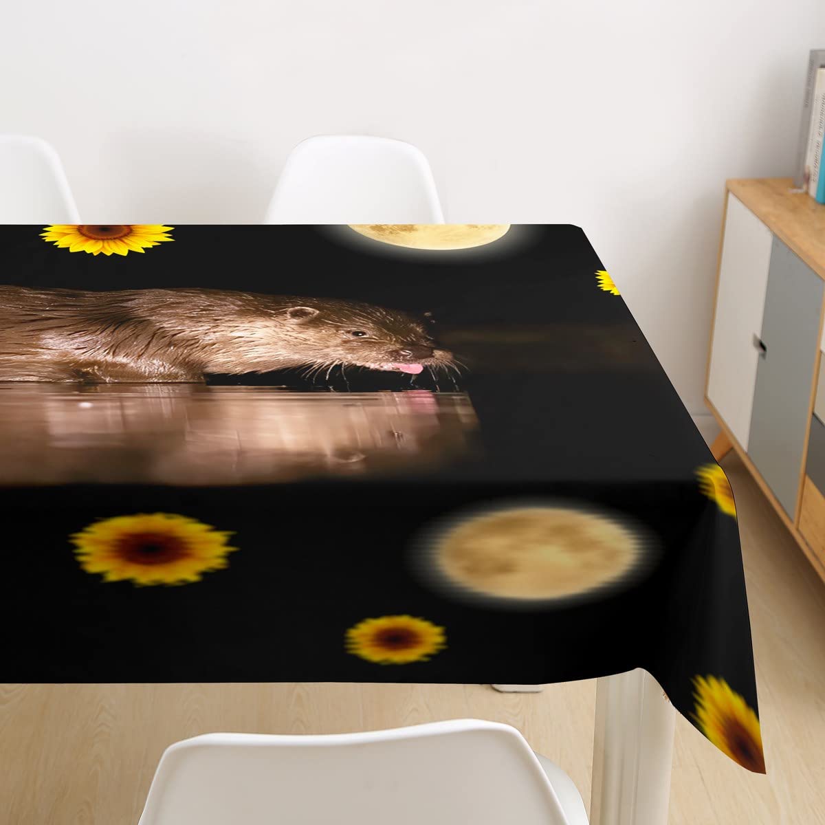 Cute Cartoon Otter Tablecloth for Kids - Moon & Sea Animal Themed Table Cover for Boys & Girls - Sunflower Wildlife Design - Kawaii Kitchen & Dining Decor - Rectangle 55x94 Inches - Perfect for Birthday Parties, Picnics & Home Decor