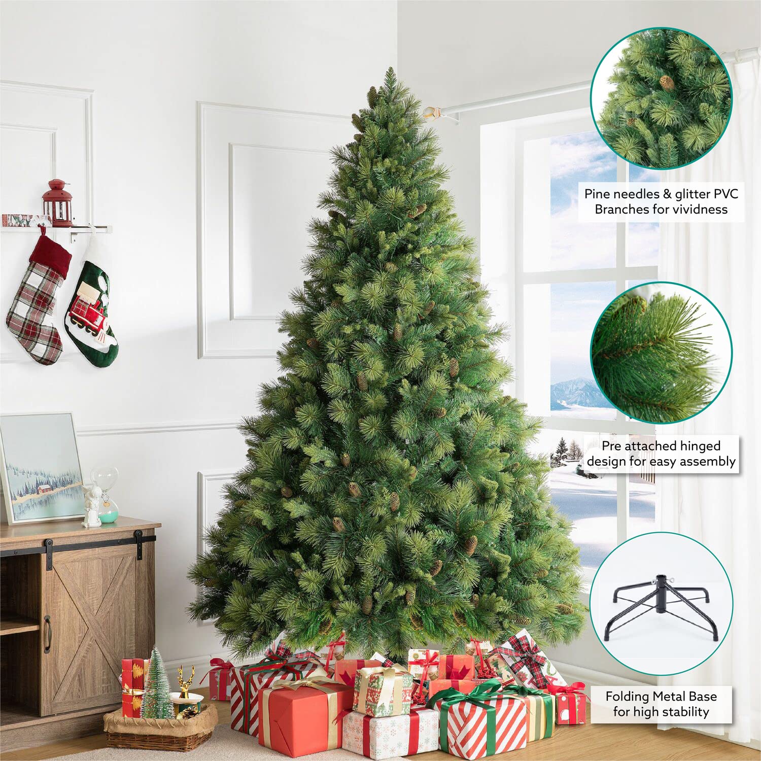 7.5ft Prelit Artificial Christmas Tree with Pine Cones & Foot Pedal - 1556 Branch Tips, 750 Warm White LED Lights & Sturdy Metal Stand - 61