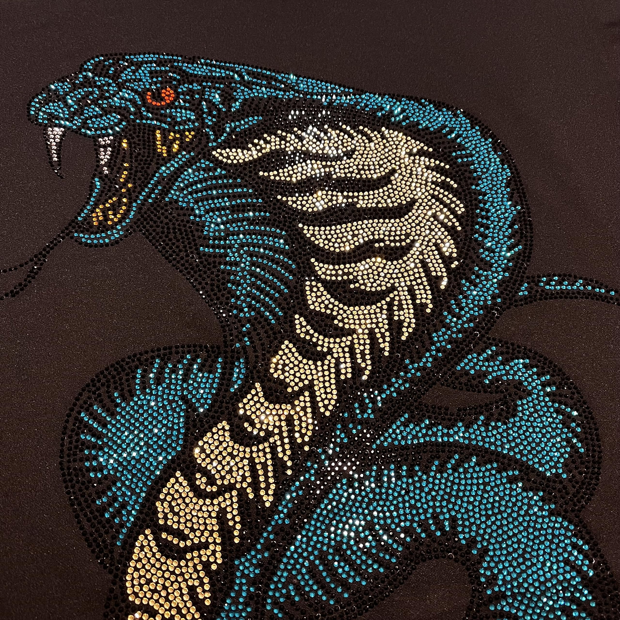 Big Snake Iron-on Rhinestones Heat Transfer Patch - Cobra Applique with Hot Fix Crystals in Yellow, Turquoise & Black - Perfect for Jackets, Jeans & Bags DIY Embellishment