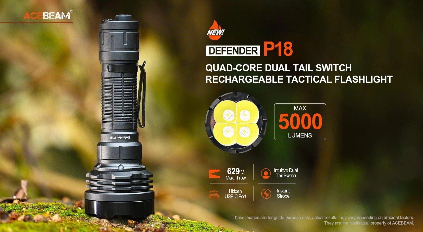ACEBEAM Defender P18 5000 Lumens Rechargeable Flashlight with Dual Switch & USB-C Charging - High Power Tactical Flashlight for Camping, Hiking, Emergency & Outdoor Adventures