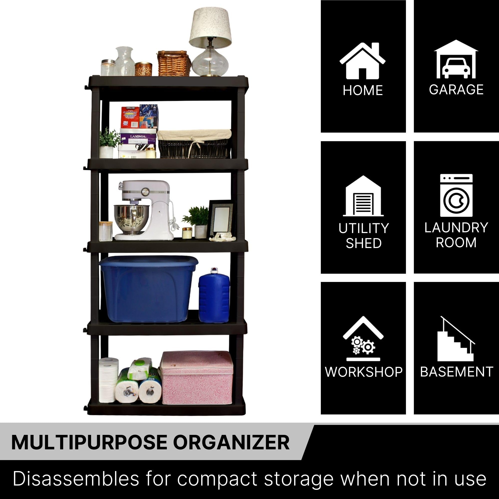 5-Tier Heavy Duty Plastic Storage Shelf - Garage Shelving Unit with Durable Rack & Organizer for Shed, Basement, Closet - Perfect for Home, Office & Workshop Organization (Black)