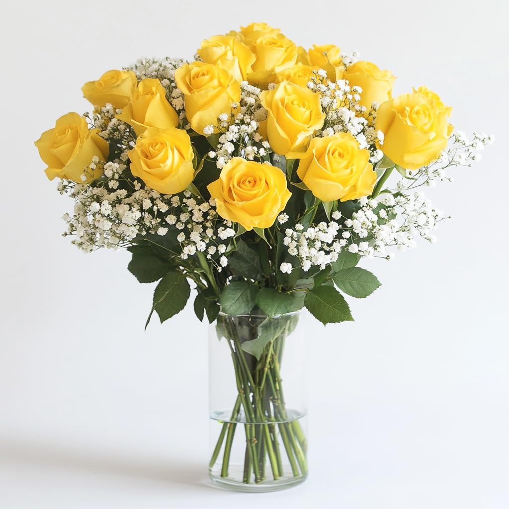 Fresh Dozen Yellow Roses & Fillers Bouquet - Premium Long-Lasting Cut Flowers for Mother's Day, Wedding, Birthday, Anniversary, Bridal Shower | Perfect for Home Décor, Centerpieces & Romantic Gifts