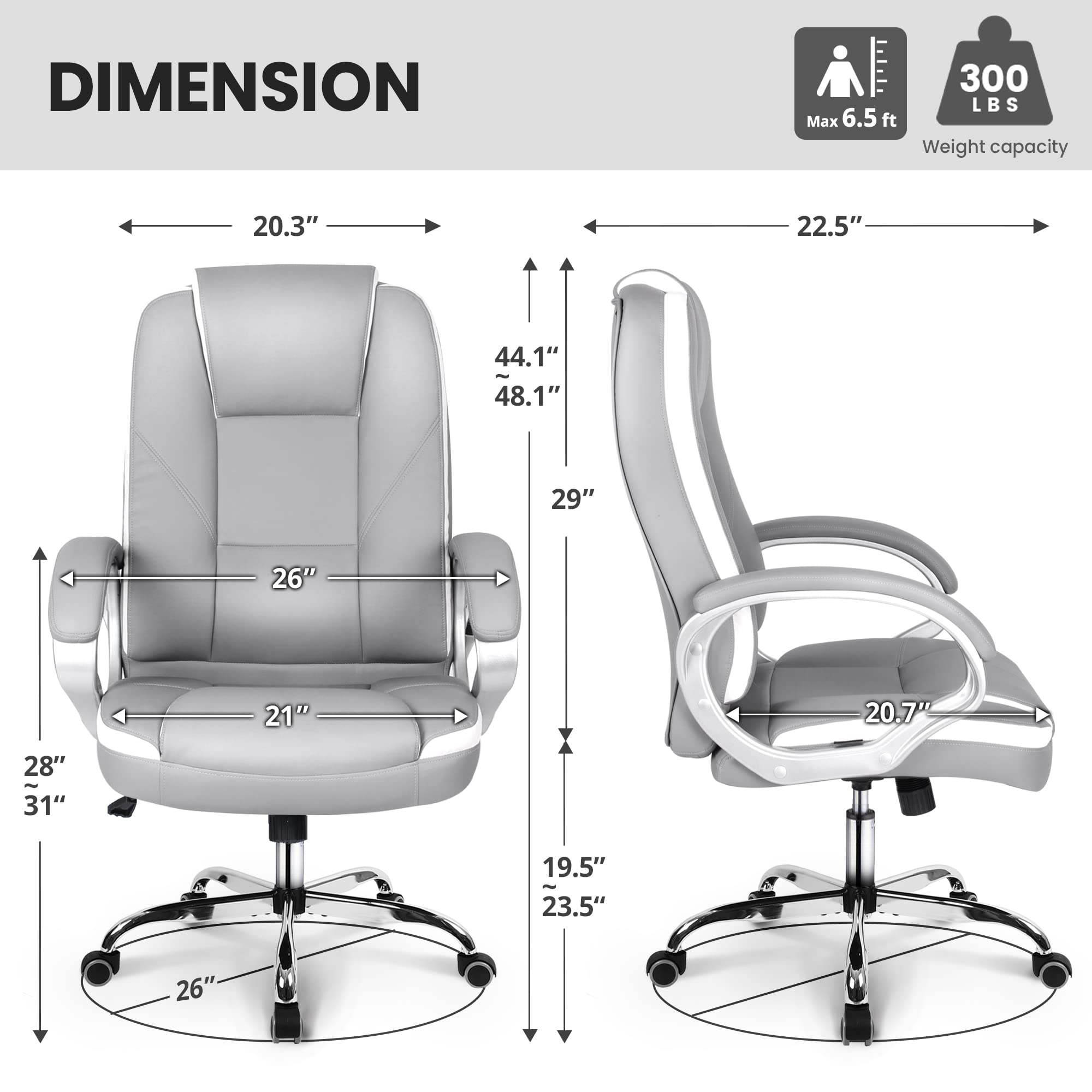 Ergonomic Office Chair with High Back & Lumbar Support - Adjustable Swivel Computer Desk Chair for Gaming, Home & Executive Use - Grey Leather Racing Seat with Wheels for Comfort & Style (Perfect for Long Work Hours, Gaming Sessions & Home Office Setup)