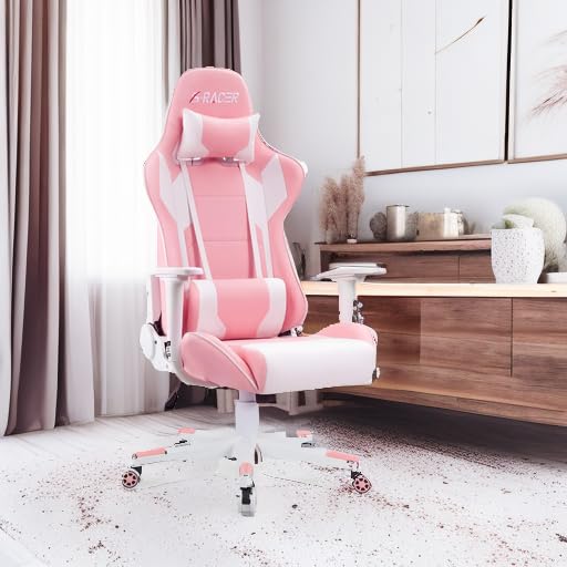 Homall Ergonomic Gaming Chair - High Back Office Chair with Adjustable Headrest & Lumbar Support, Leather Computer Desk Chair for Racing Style Executive Workstation (Pink) - Perfect for Gamers, Home Office & Streaming Setup
