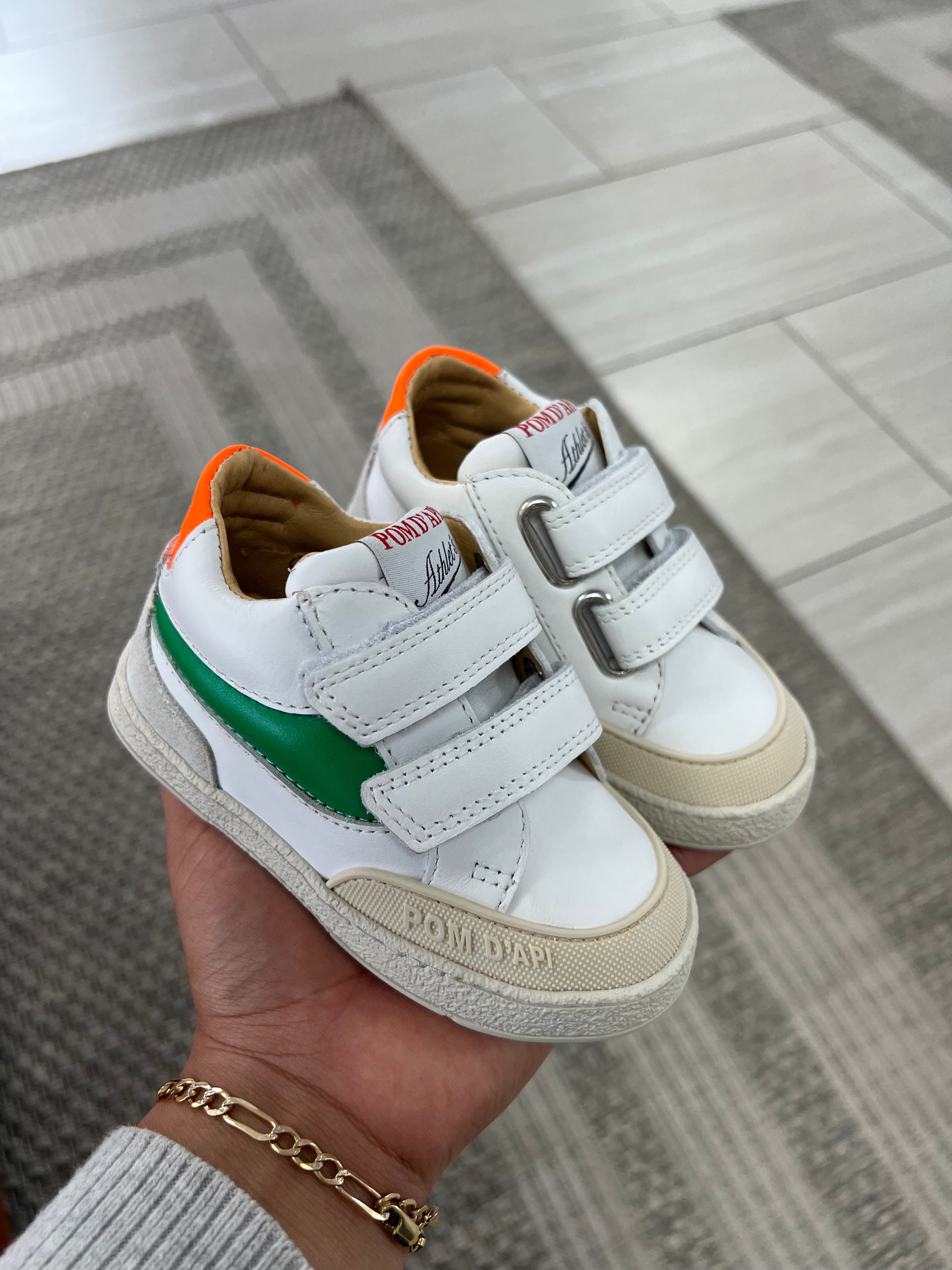 Pom D'Api White and Green Baby Sneakers - Soft Sole Comfortable First Walkers for Toddlers - Perfect for Outdoor Play and Everyday Wear