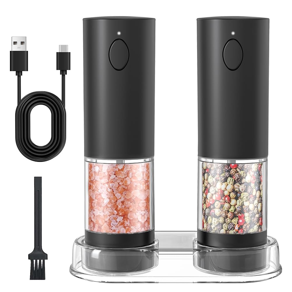 Premium Rechargeable Electric Salt and Pepper Grinder Set - Automatic Adjustable Coarseness Ceramic Mills with LED Light & Storage Base (2-Pack) - Perfect for Kitchen, Dining Table, and Gourmet Cooking