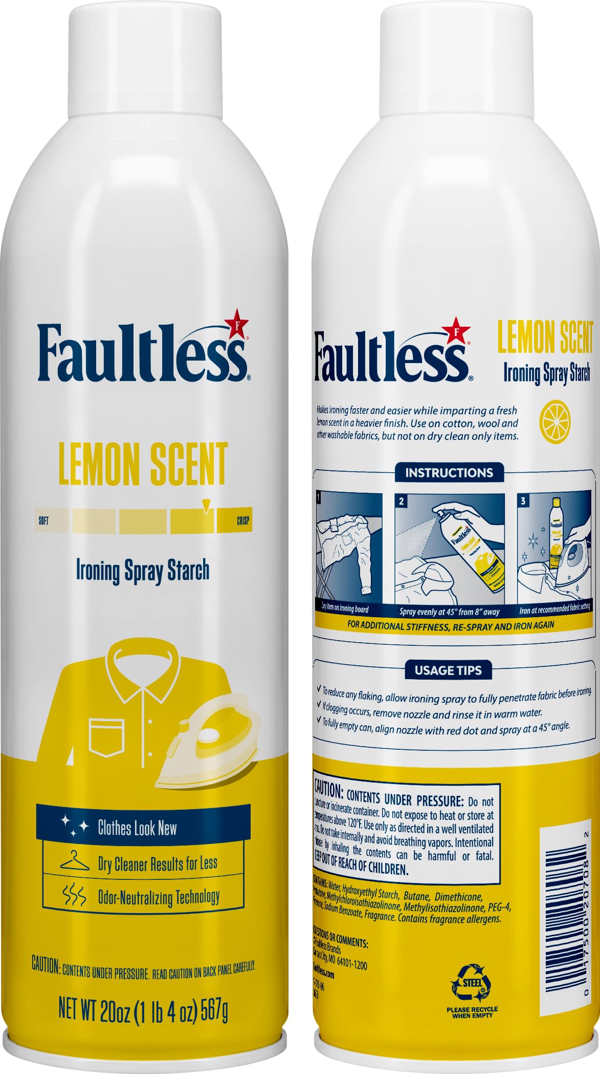 Faultless Lemon Laundry Starch Spray - 20 oz (Pack of 3) | Lemon Scented Spray Starch for Clothes & Fabric | Smooth Ironing, No Residue | Perfect for Crisp Shirts, Dresses & Table Linens